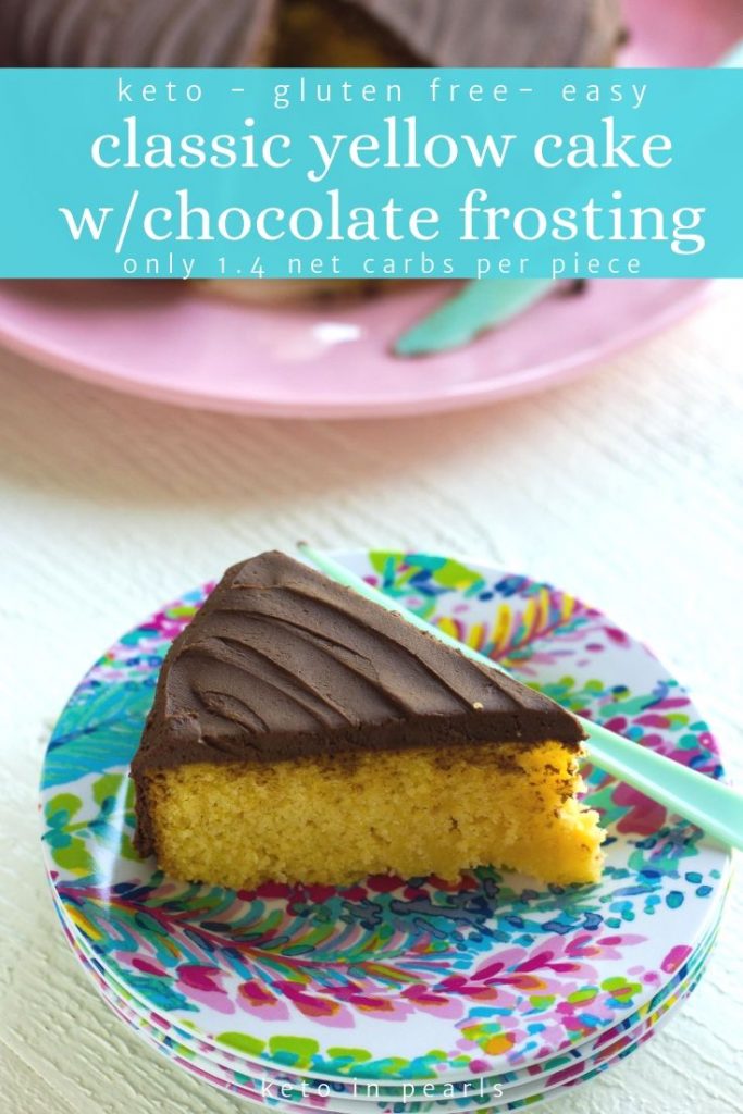 Buttery keto yellow cake with fudgey chocolate frosting is just like a boxed mix but sugar free, gluten free, and only 1.4 net carbs per piece!