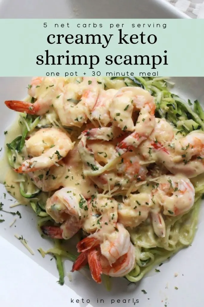This one pot creamy keto shrimp scampi is an easy keto 30 minute meal. Only 5 net carbs per serving for this kid friendly keto meal.