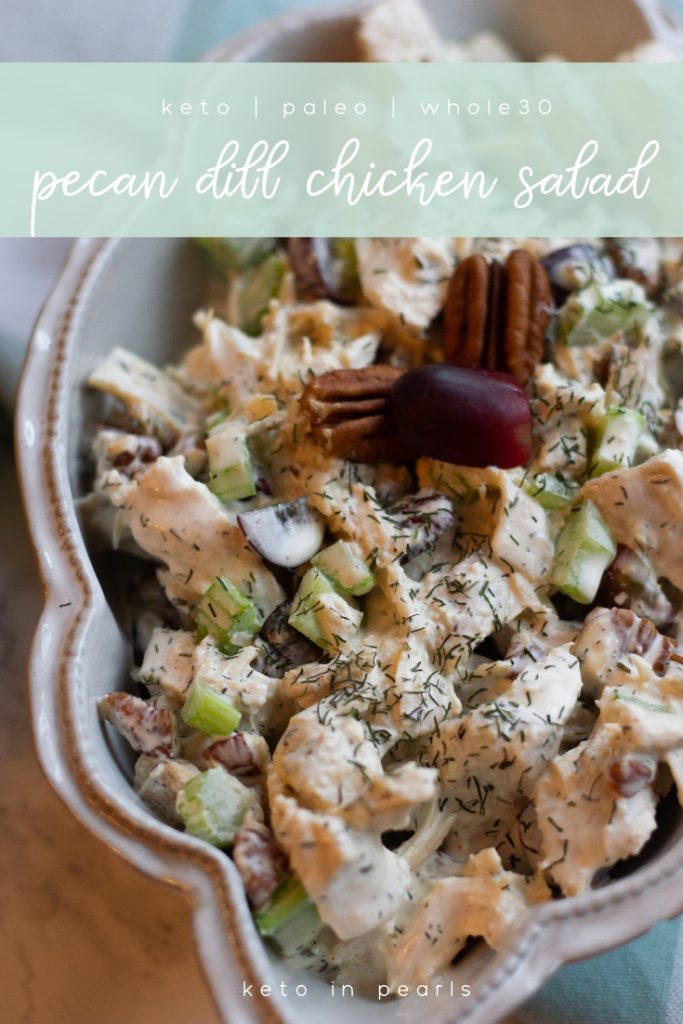 Homemade keto chicken salad with pecans, dill, and even grapes! This chicken salad is bursting with flavor and only 2 net carbs per serving. It's even Paleo and Whole 30 friendly. 