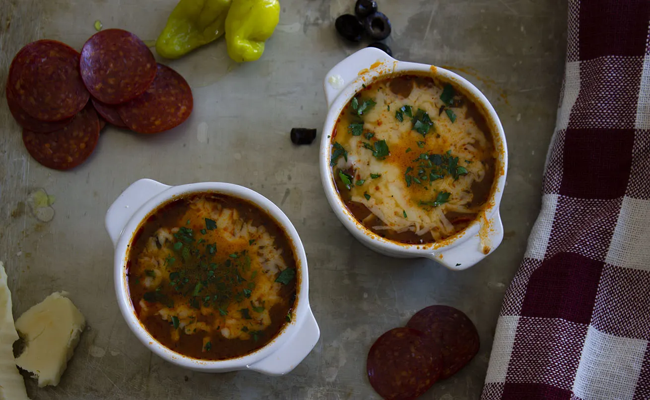 This low carb pizza soup is everything you need for a keto pizza night! This low calorie and lower fat soup is delicious on its own or with keto garlic bread! A bonus recipe is include for keto garlic bread!