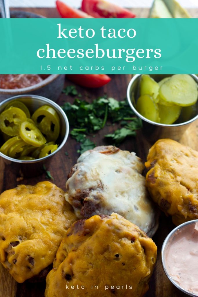 Spice up your Cinco de Mayo with keto taco cheeseburgers! Everything you love about keto tacos made into a burger. These Mexican inspired low carb burgers are easy, kid friendly, and only 1.5 net carbs each!