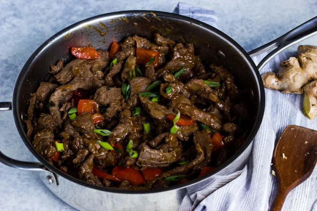 Keto beef stir fry with peppers in an orange ginger sauce