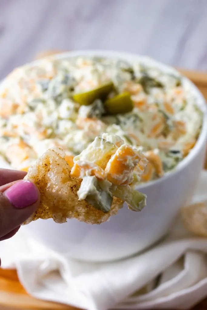 Easy keto dill pickle dip with pork rinds. Only 4 four ingredients needed.