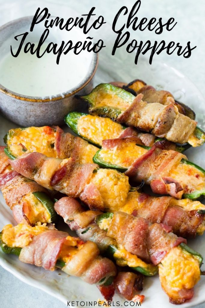 These keto jalapeño poppers are not your average keto snack. Pimento cheese steals the show in this 3 ingredient keto jalapeno popper recipe.