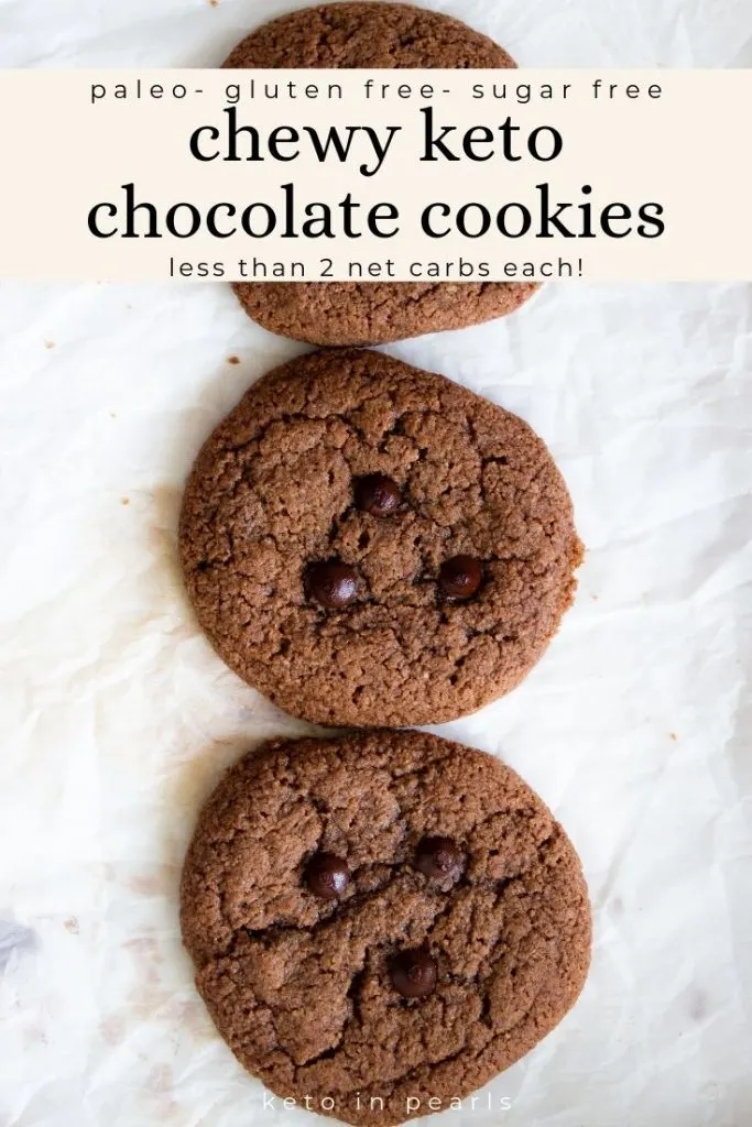 Kind of a brownie, kind of a cookie. These chewy keto chocolate cookies are only 1.4 net carbs and almost 7 grams of protein each!