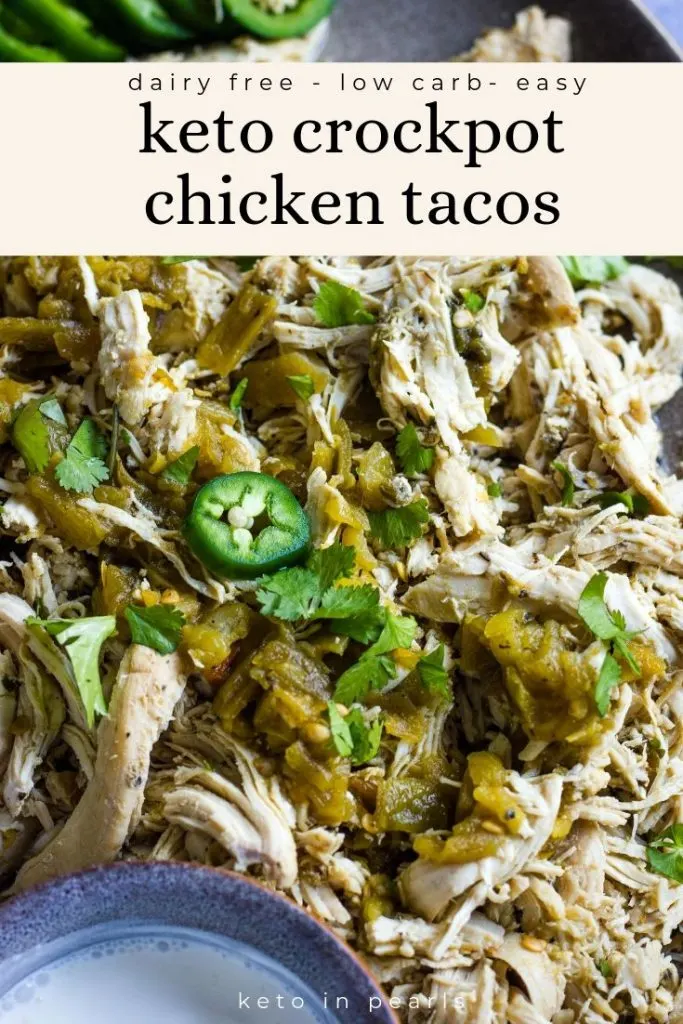 This simple keto crockpot chicken recipe for keto chicken tacos is kid friendly, easy, and dairy free! Low carb and low calorie too!