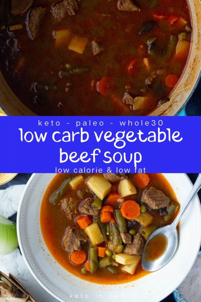 Savory and hearty low carb vegetable beef soup is a one bowl meal that will keep your belly warm and full on a cold night! Keto, paleo, whole30 compliant.