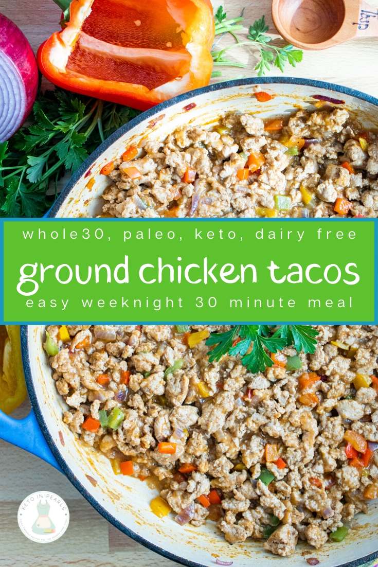 If you're looking for a way to spice up your keto Mexican recipe repertoire, give these keto ground chicken tacos a try! This keto ground chicken recipe is dairy free, paleo, Whole30 compliant, and zero carb (if you don't count vegetable carbs). Bonus, it's ready in just under 30 minutes making it a perfect weeknight supper!