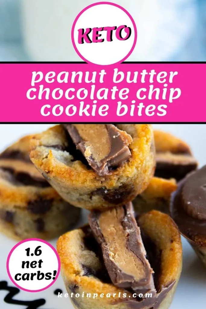 What's better than chocolate and peanut butter? A chocolate chip keto cookie stuffed with a keto peanut butter cup! That's right, these chocolate chip peanut butter cup keto cookie bites are miniature bites of heaven AND they're only 1.6 net carbs each!