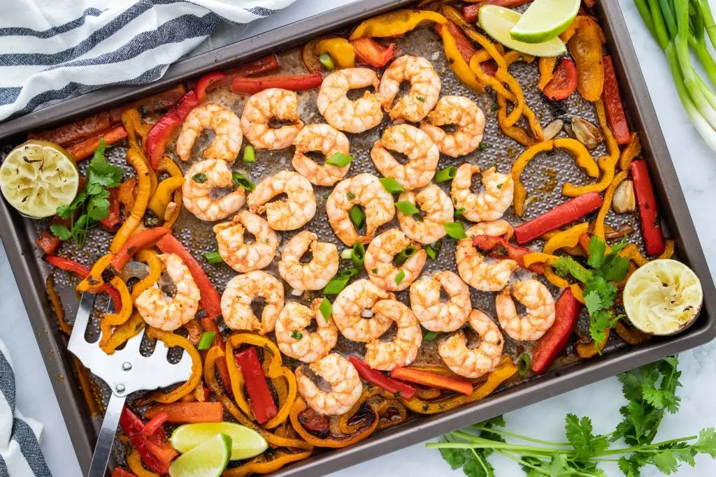 Keto Chili Lime Shrimp and Peppers on a sheet pan