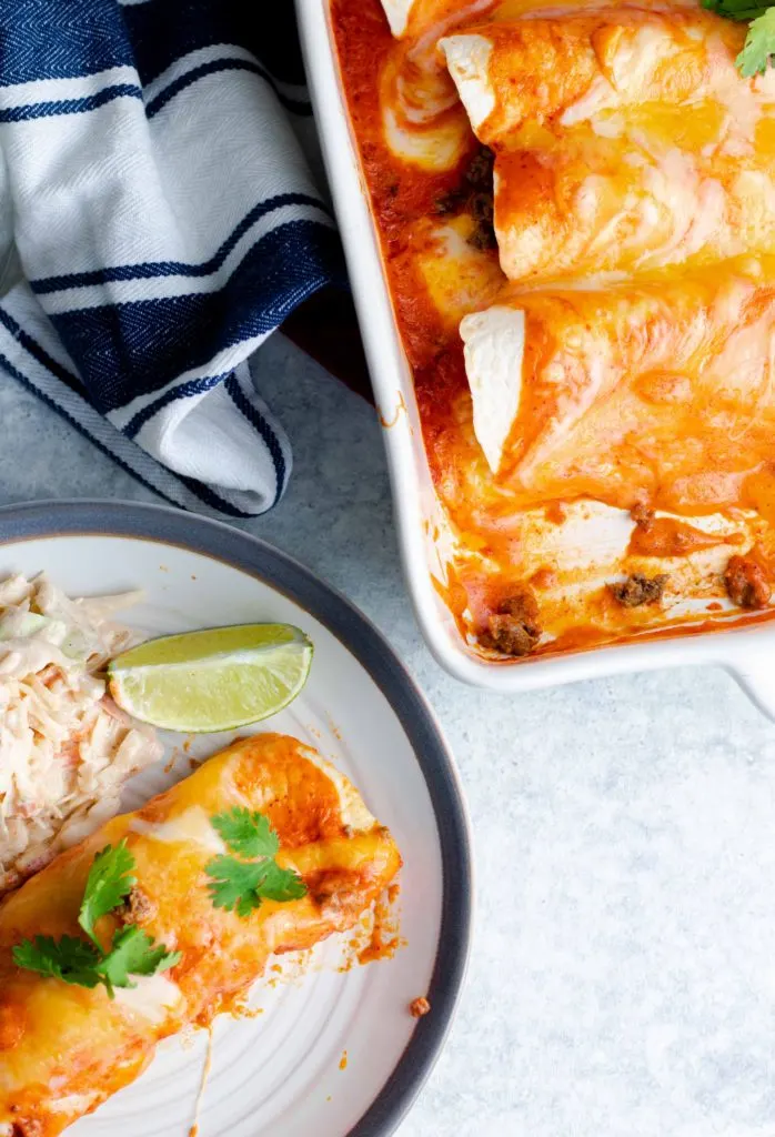 Low carb beef enchiladas with Mexican coleslaw.