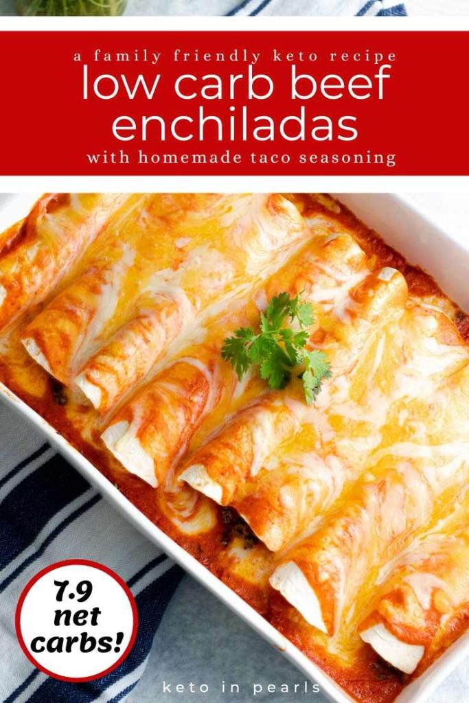 These easy low carb enchiladas with beef use a homemade keto taco seasoning and a couple of store bought ingredients for an effortless halfway homemade keto beef enchilada recipe that your whole family will love!