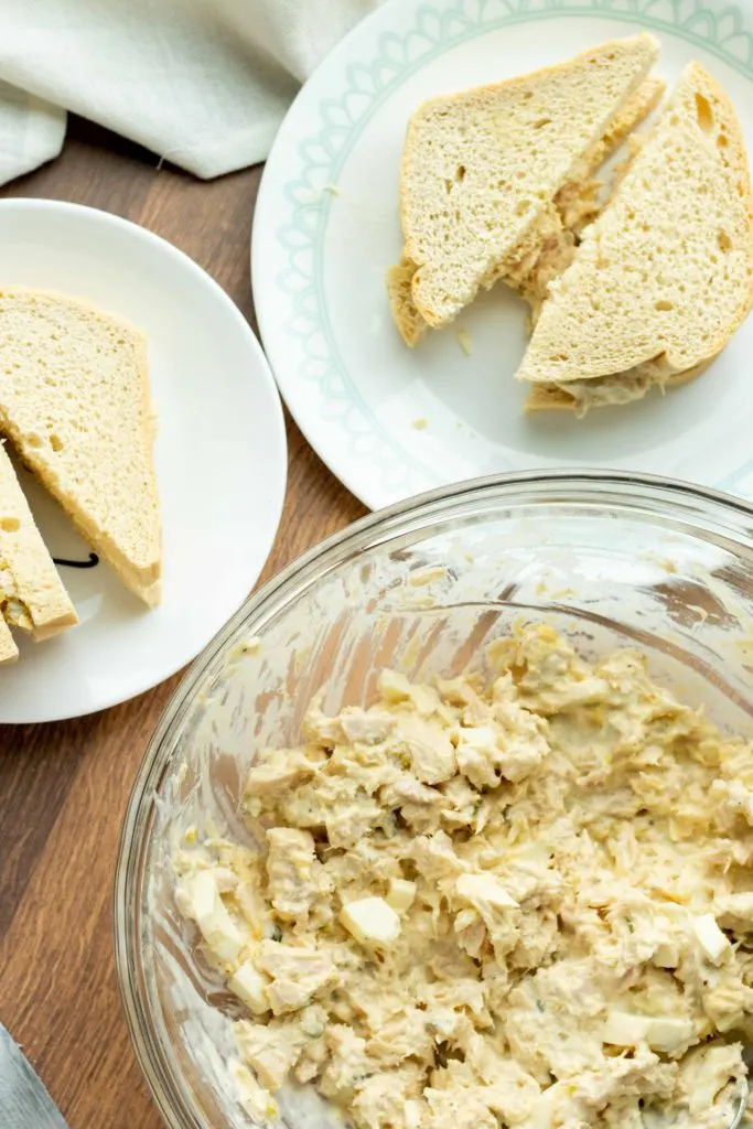 Dairy free, sugar free, zero carb keto tuna salad pictured with toasted low carb bread.