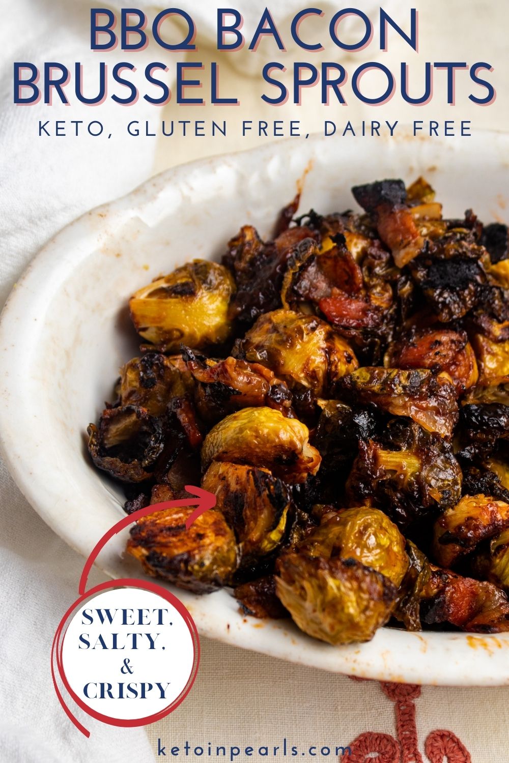 Brussel sprouts are roasted in the oven with bacon and a bbq glaze until crisp and caramelized. Learn how to make the best crispy bacon brussel sprouts.