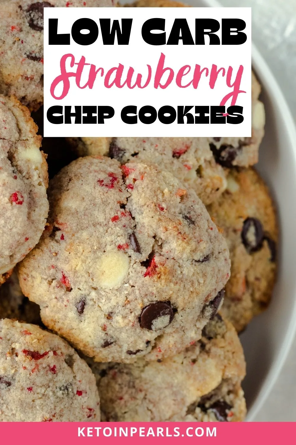 Sugar free dark chocolate, white chocolate, and bits of strawberries make these low carb chocolate chip cookies extra yummy! This keto cookie recipe can be made in one bowl too. Only 2.3 net carbs per cookie.