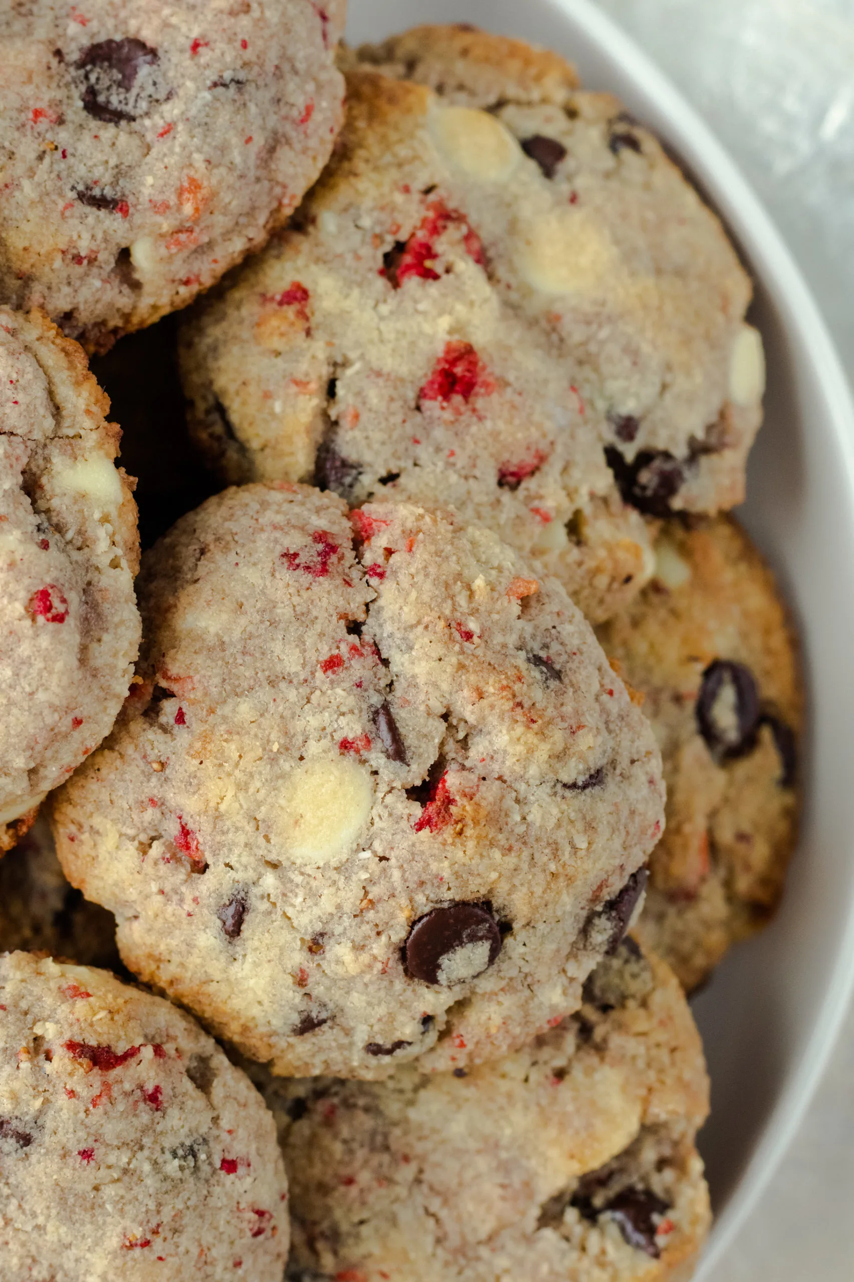 Low carb cookies with strawberries, dark chocolate, and white chocolate chips.
