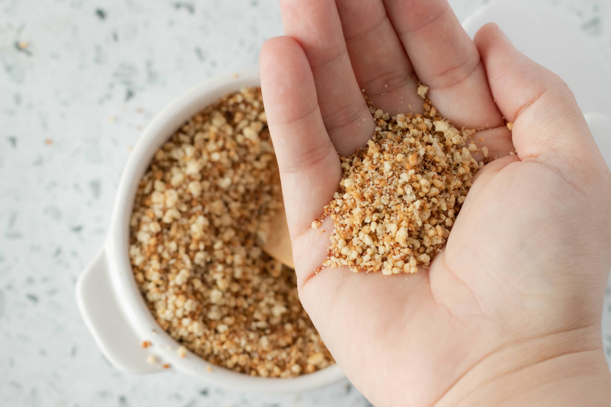 Make gluten free bread crumbs with this easy 3 ingredient recipe. Simply seasoned, these keto breadcrumbs are a great pork rind or panko substitute.