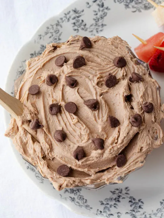 Chocolate peanut butter cheesecake dip picture from above