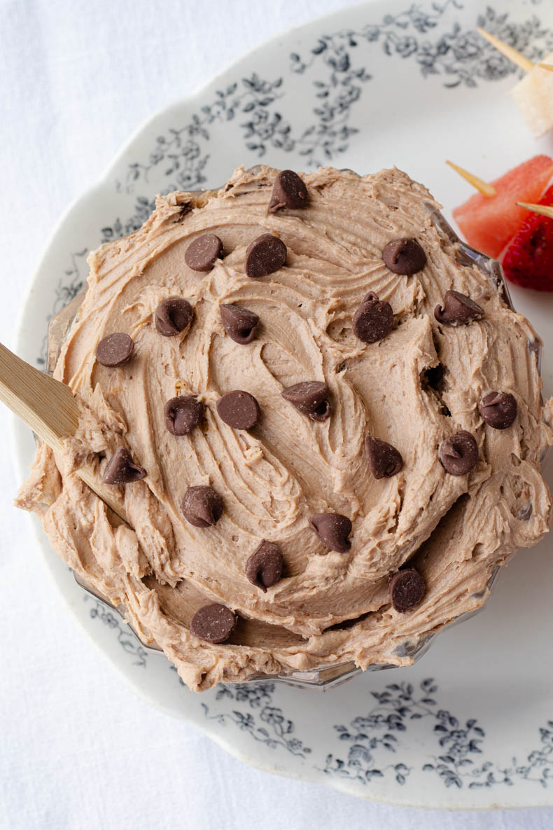 Chocolate peanut butter cheesecake dip picture from above