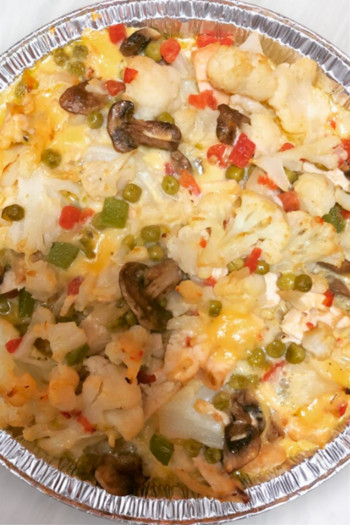 chicken casserole with mushrooms, cauliflower and green peas